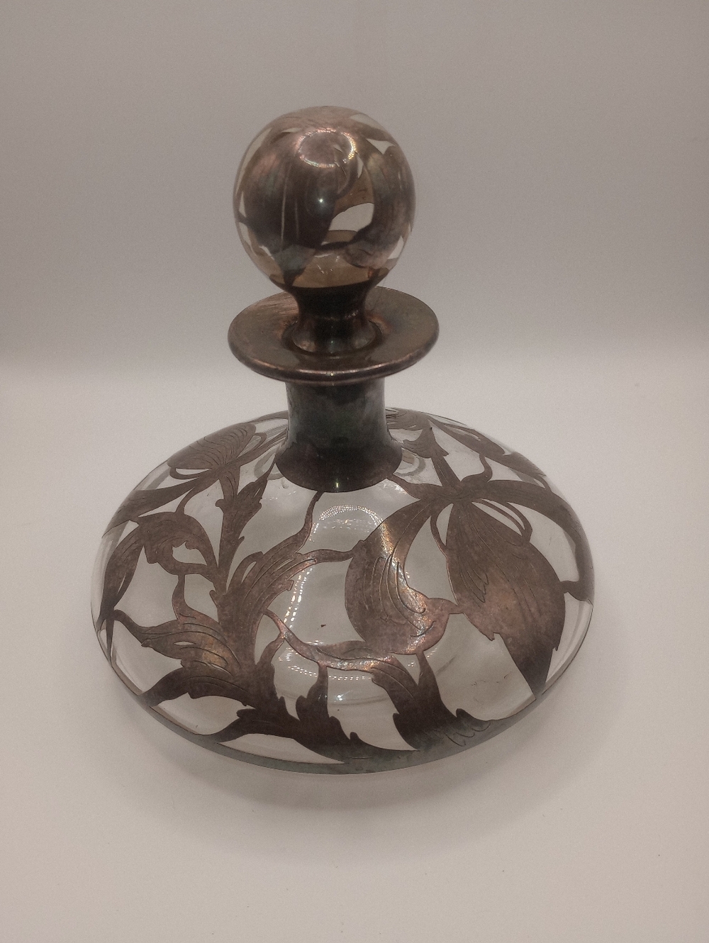Vintage Glass Decanter with Ornate Silver Overlay